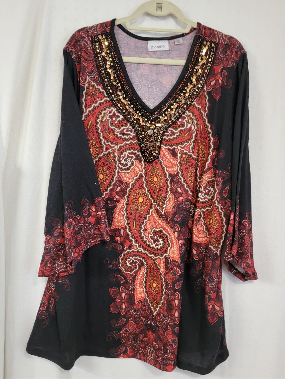 Avenue Black and Red Paisley Sequin V-Neck Tunic